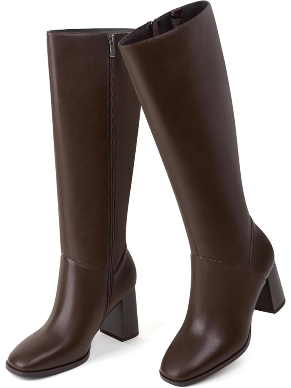 Women's Dark Brown Knee High Boots Square Toe Chunky Block Heel Boots Side Zip